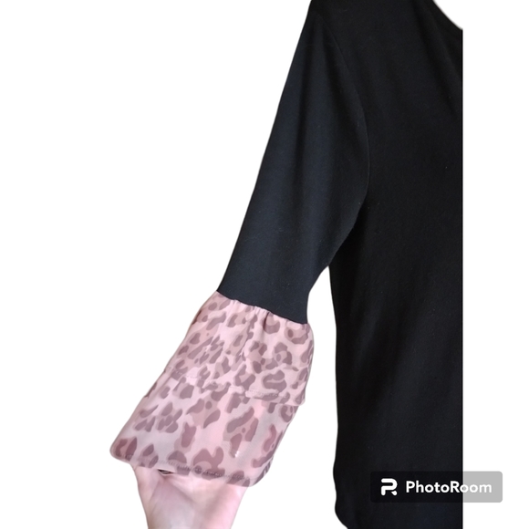 SUZANNE BETRO| RELAXED JERSEY DRESS W DBLE LAYERED LEOPARD PRINT CUFF SIZE L - Picture 5 of 6